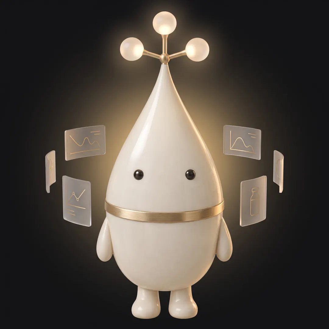 Pep thinking, its antenna spheres glowing, surrounded by small glass cards